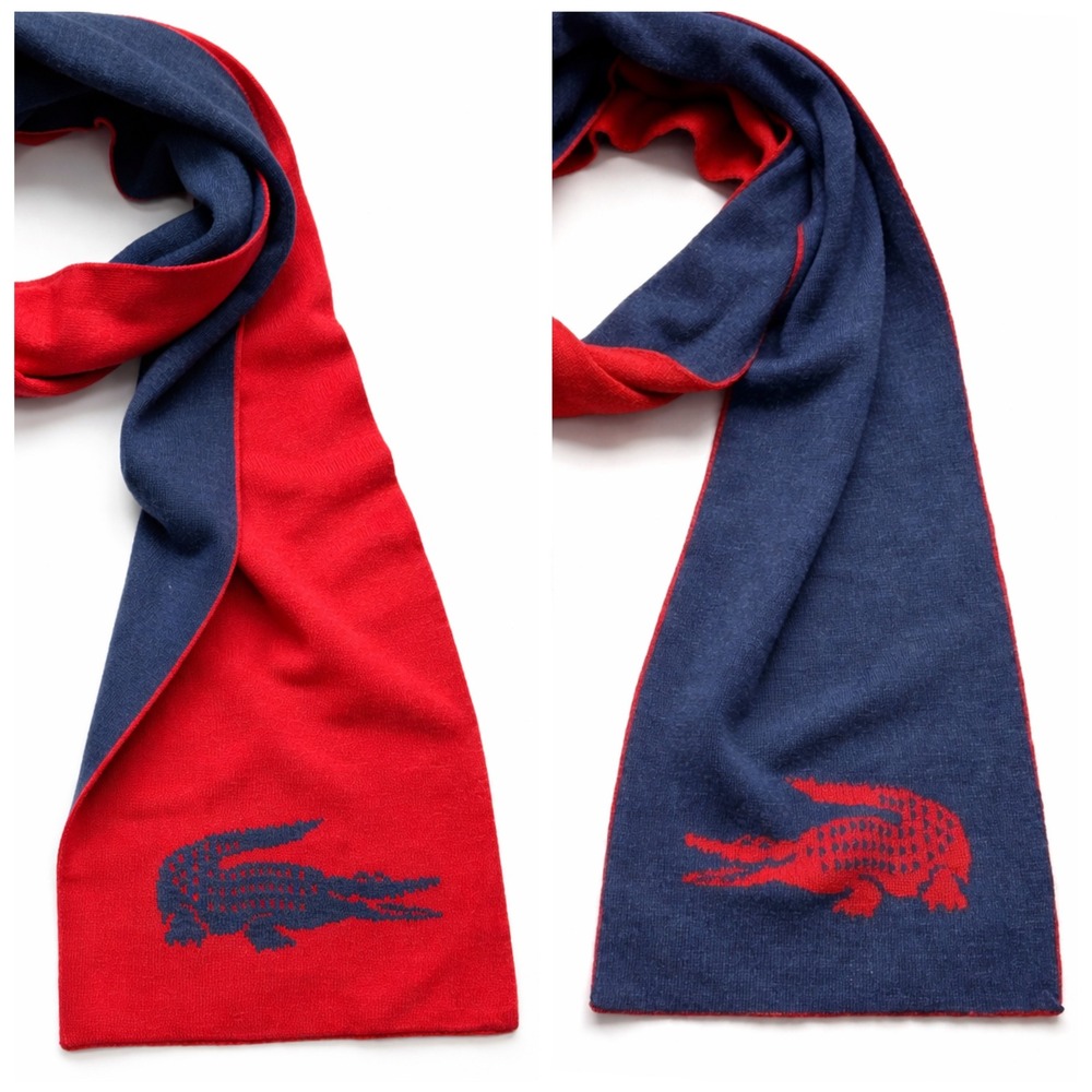 Vintage Lacoste Wool Scarf Reversible Blue Red Crocodile Logo Knit Mens